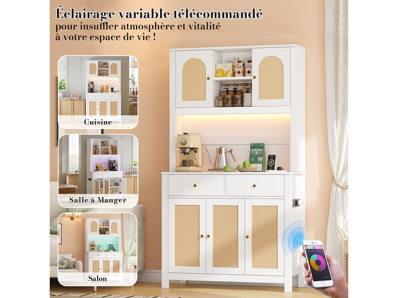  Meuble de cuisine muvano, buffet haut 100 × 40 × 180 cm, blanc, portes en rotin et led  - Conforama R