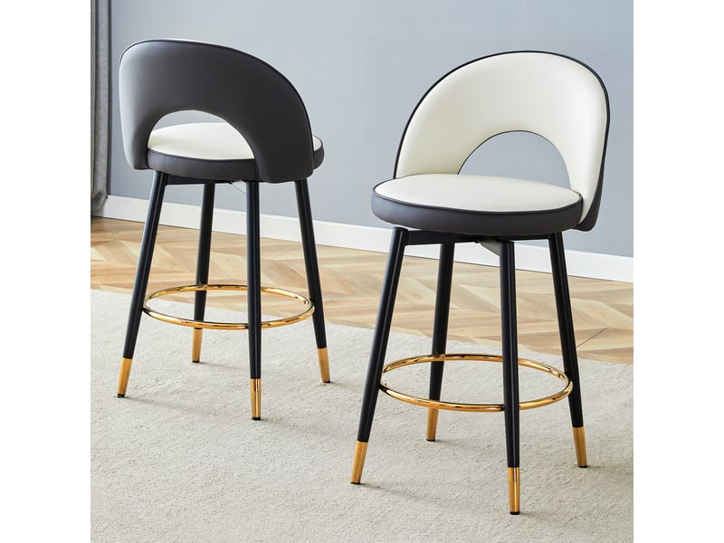  Lot de 2 tabourets de bar 44x47.4x92cm – pivotants à 360° avec dossier ajouré et repose-pieds – similicuir pu - anthracite et blanc  - Conforama D
