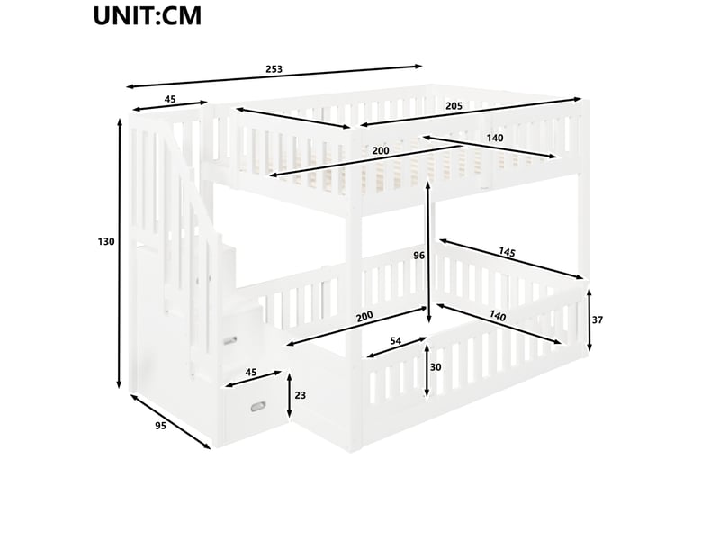  Lit superposé 140x200 cm blanc avec escalier de rangement  - Conforama C