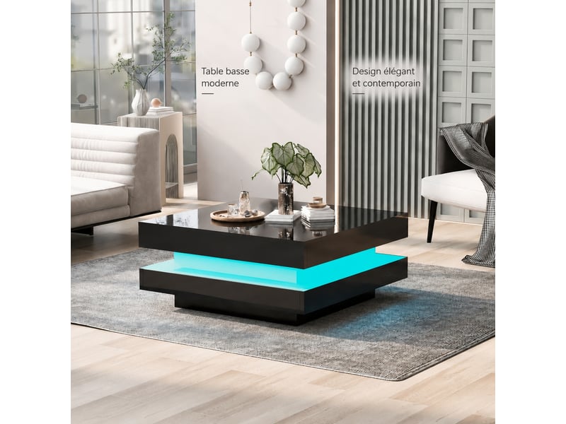  Table basse carrée noire avec led, commande bluetooth, 70 x 70 x 36 cm, noir  - Conforama B