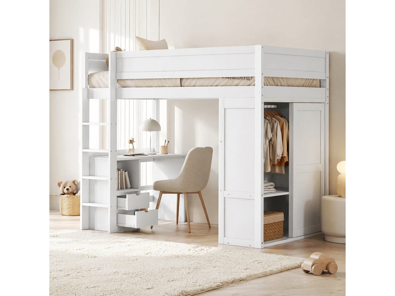  Lit mezzanine enfant 200×90 cm avec bureau, armoire, 2 tiroirs et niches de rangement, en pin et mdf blanc  - Conforama B
