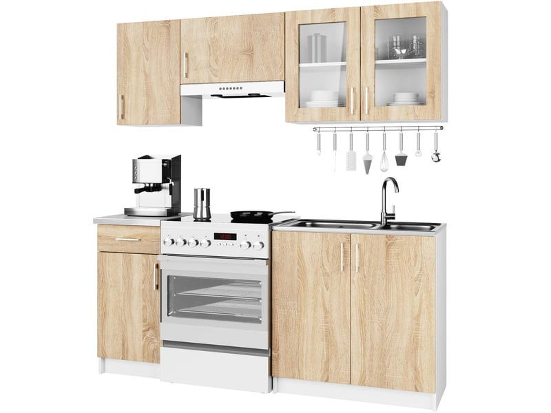 Ensemble de cuisine vitré akord lima 1.8m blanc 180 cm 7 portes 1 tiroir façade chêne sonoma 8 étagères 180x44,5x203 cm LIMA 1.8m - Conforama B
