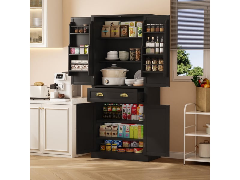 Buffet haut noir 80 × 40 × 182 cm, 4 portes, 1 tiroir, étagères réglables, dispositif anti-basculement - Conforama B
