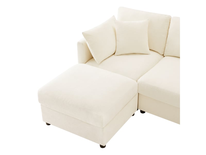 Canapé d’angle 218x156,5x86 cm avec pouf et accoudoirs réglables en chenille beige - Conforama D