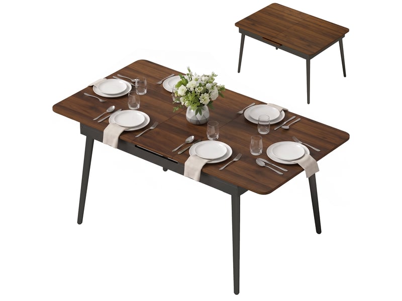  Table de salle à manger rectangulaire extensible pour 4 à 6 personnes, table de cuisine 130-160 cm aux angles arrondis, noyer clair  - Conforama B