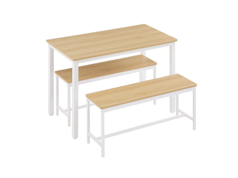  Ensemble table à manger avec 2 bancs, style industriel naturel et blanc, table de cuisine pour 4 personnes, 110 x 60 x 75 cm  - Conforama W