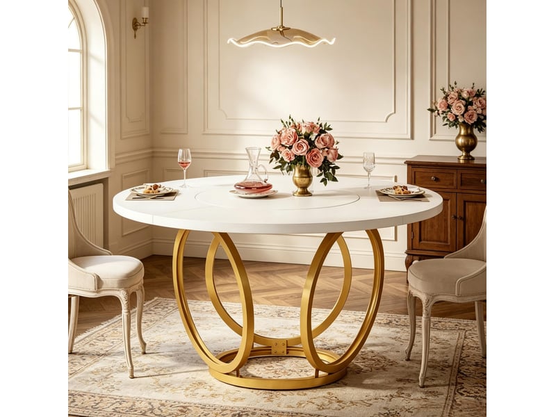 Table de salle à manger ronde pour 4 à 6 personnes avec plateau mdf et piètement acier blanc et doré 120 × 120 × 77 cm - Conforama B