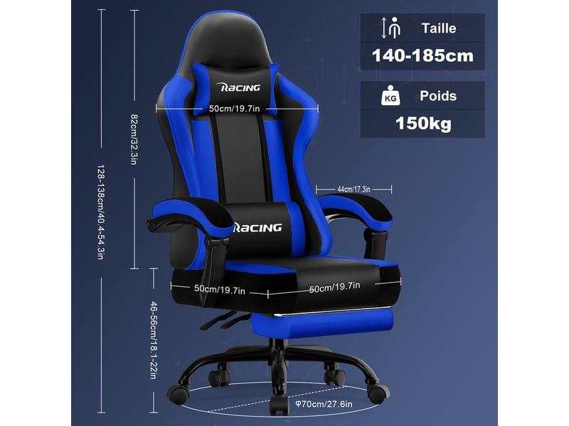  Chaise gaming, fauteuil de bureau ergonomique avec repose-pieds télescopique, chaise bureau avec appui-tête et soutien lombaire, fauteuil gaming ergonomique 150 kg, réglable en hauteur, bleu  - Conforama W