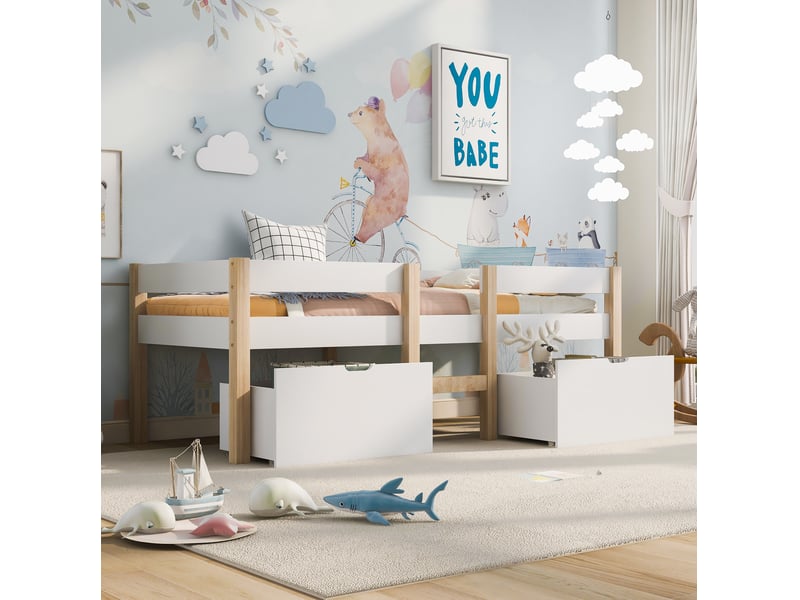  Lit semi-hauteur enfant avec tiroirs et barrière de sécurité 90 x 190 cm blanc et chêne  - Conforama D