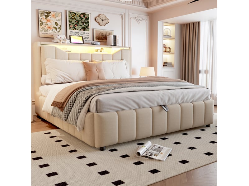  Lit coffre modenvie 140 x 200 cm rembourré avec rangement hydraulique led usb et usb-c tissu beige  - Conforama D