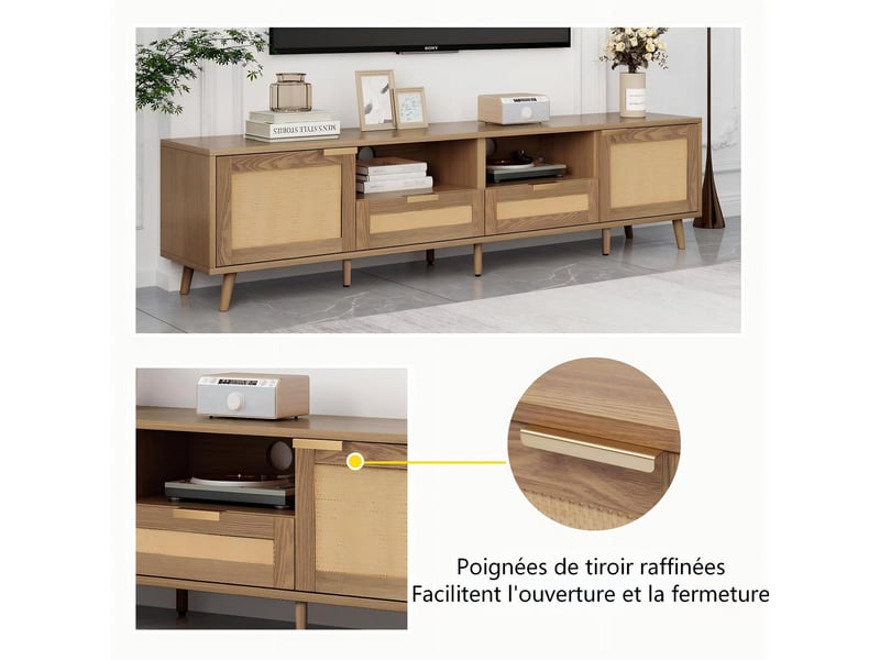  Meuble tv modenvie en chêne 200 x 37 x 49 cm avec 2 tiroirs et rotin plastique  - Conforama E