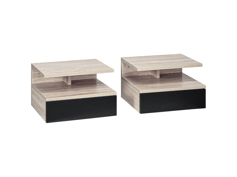  Lot de 2 tables de chevet murales - lot de 2 tables de nuit - tiroir coulissant, niche, plateau - noir chêne  - Conforama A