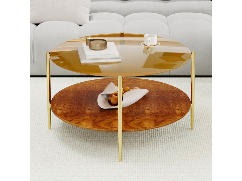  Table basse ronde, avec plateau en verre, base en bois et structure en métal, pour salon, gold  - Conforama B