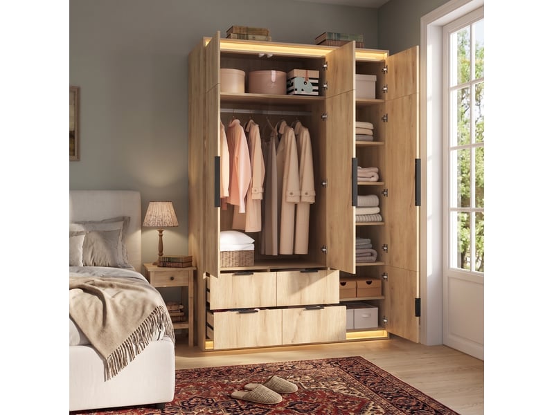  Armoire 3 portes avec miroir et éclairage led, 135 x 47 x 200 cm, mdf chêne  - Conforama B