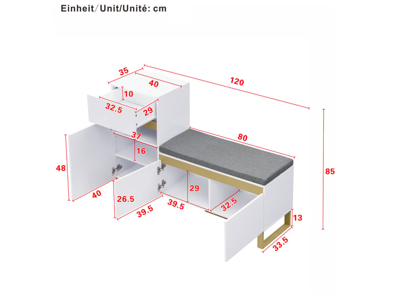 Meuble à chaussures 120x35x85 cm blanc avec banc, tiroir et rangements - Conforama C