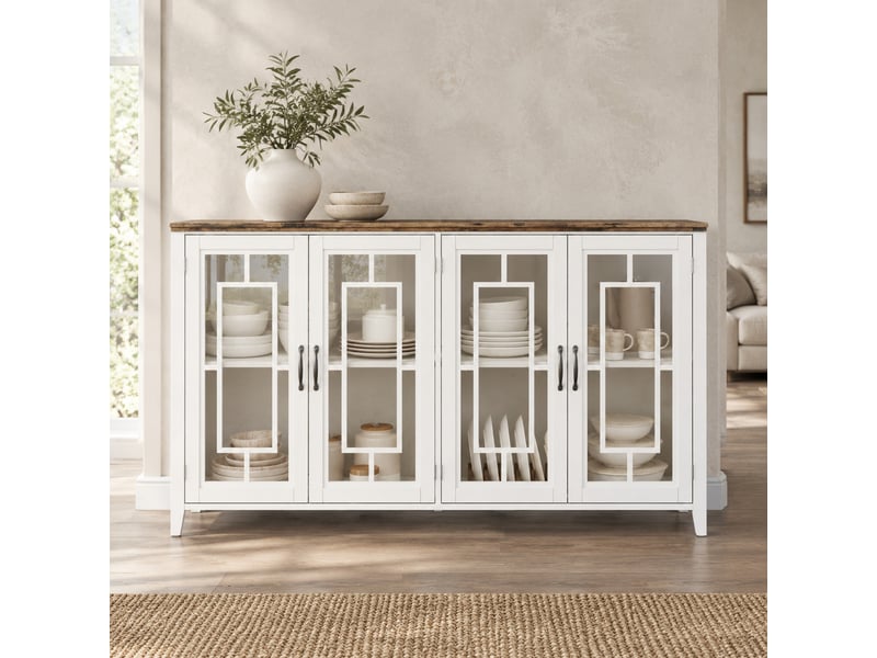  Buffet de cuisine 160x40x86 cm à portes vitrées, plateau effet bois rétro, mdf blanc  - Conforama B