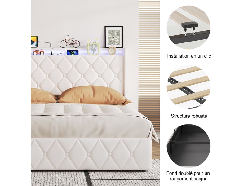 Lit coffre 160x200 cm avec led rgb,usb et type-c, lit double en velours beige ,hydraulique,grand rangement,sommier inclus - Conforama R