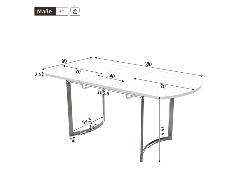 Table à manger extensible 140-180 x 80 cm en mdf blanc, pieds métal argenté - Conforama C