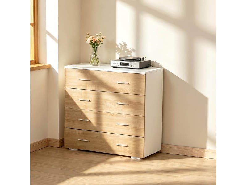  Commode 76x35x72 cm à 4 tiroirs, blanc et bois clair  - Conforama D
