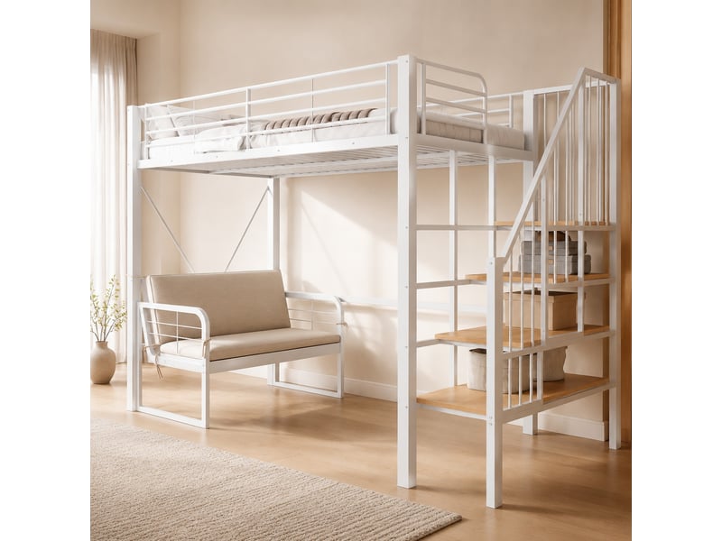 Lit superposé 90x200 cm escalier de rangement, canapé amovible en métal blanc - Conforama D