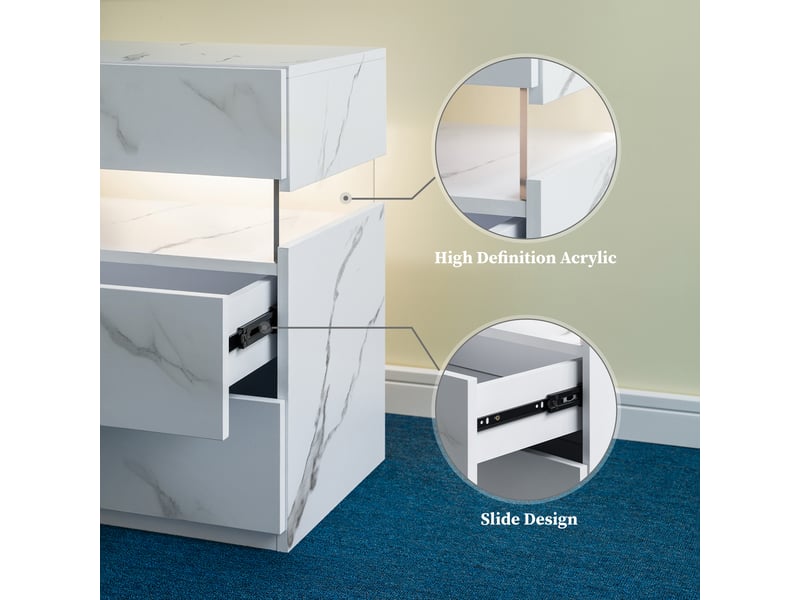  Table de chevet led,48x38x61 cm,3 tiroirs effet marbre,blanc mat  - Conforama E