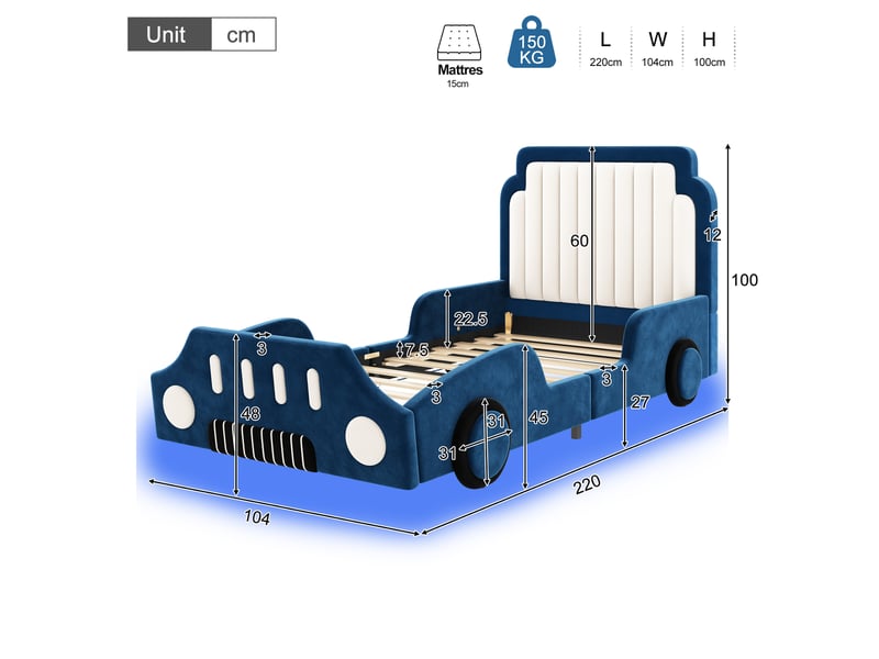  Lit enfant 90x200cm - design voiture - led - barrières sécurité - velours - bleu BUYDEEMEUS - Conforama D