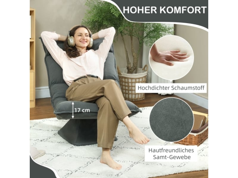  Fauteuil de sol pivotant 360° gris foncé, dossier réglable 5 positions, pliable et rembourré  - Conforama C