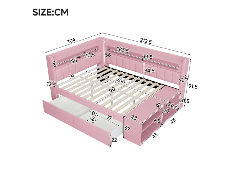 Lit avec rangement 90x200 cm rose avec led, usb, 2 tiroirs et meuble à chaussures - Conforama C