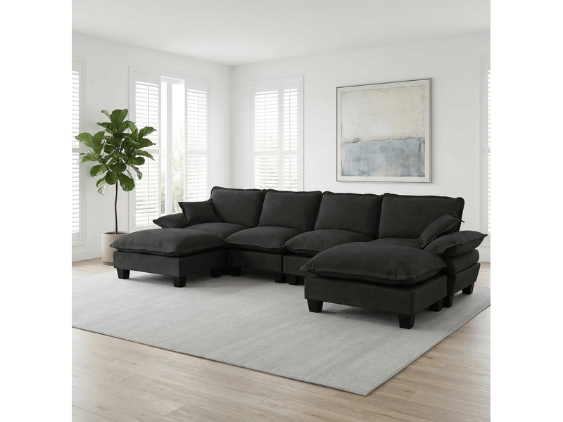  Canapé d'angle modulable en u modenvie 6 places en tissu chenillé noir avec module ottoman mobile  - Conforama E