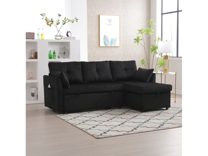  Canapé-lit d’angle tcqpz modulable 3 places avec rangement et lit gigogne 206 x 108 x 66 cm velours côtelé noir  - Conforama D
