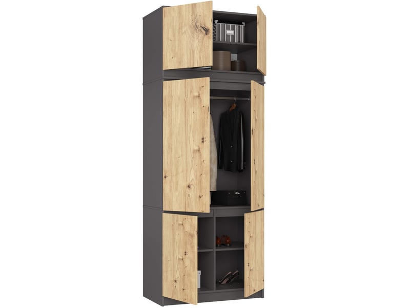  Armoire avec surmeuble s90 gris graphite 90 cm 6 portes façade chêne artisan 6 étagères 90x51x235 cm  - Conforama B