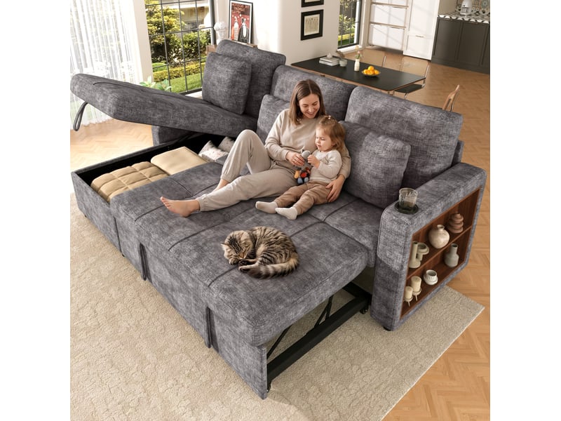  Canapé-lit 3 places 201,3x126,1x86,1 cm avec fonction convertible, rangement, porte-gobelet en tissu chenille gris  - Conforama B