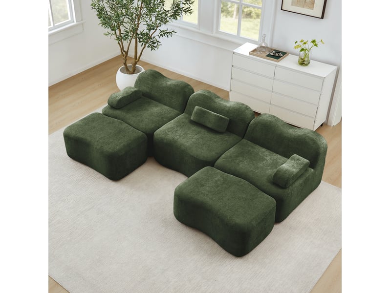  Canapé modulaire 3 places en u avec 2 ottomans en velours vert  - Conforama D