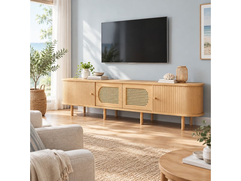  Meuble tv avec 2 portes aspect cannage et 2 portes à rideau, pour salon, en mdf, finition bois clair, 180×40×40 cm  - Conforama B