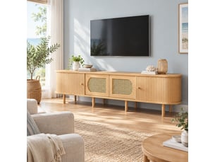 Meuble tv avec 2 portes aspect cannage et 2 portes à rideau, pour salon, en mdf, finition bois clair, 180×40×40 cm