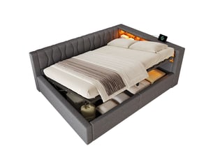 Lit banquette coffre 140x200 cm - avec de rangement hydraulique, éclairage led dimmable, tête de lit étagère et prises usb, gris