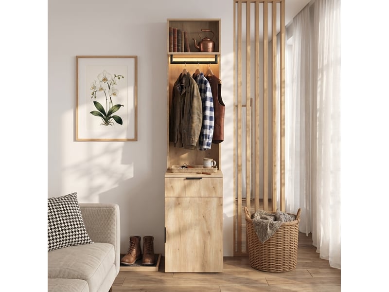  Garde-robe d'entrée 45x47x200 cm avec led et tiroir à bijoux, mdf, bois clair, rangement entrée et dressing, chambre  - Conforama B