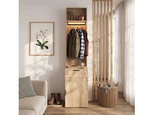 Garde-robe d'entrée 45x47x200 cm avec led et tiroir à bijoux, mdf, bois clair, rangement entrée et dressing, chambre