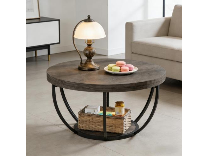  Table basse ronde à 2 niveaux avec structure métallique à 6 arches pour salon en bois gris  - Conforama C