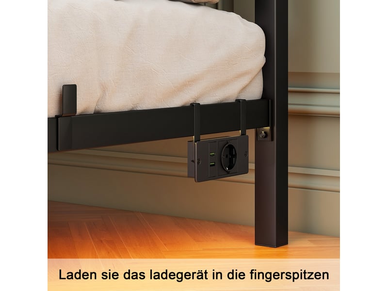 Lit métal 140 × 200 cm 2 places avec led réglable, station de charge usb, tête de lit avec rangement, sans matelas - Conforama E