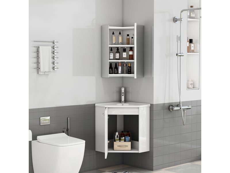  Meuble sous vasque d'angle avec miroir et évier en céramique, blanc brillant, pour salle de bain  - Conforama C