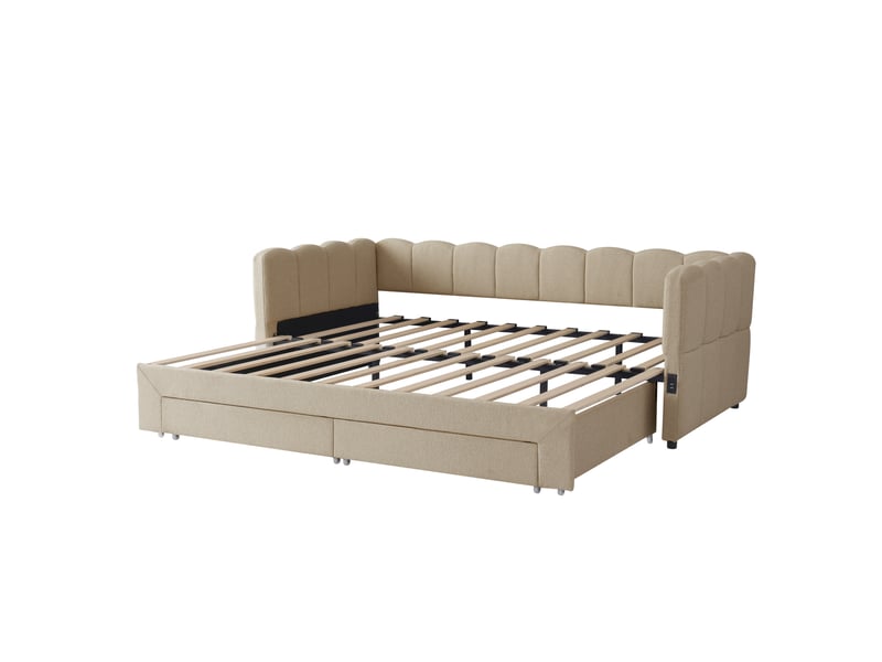  Lit capitonné, méridienne, canapé-lit, avec 2 tiroirs de rangement, 90 x 190 cm, extensible jusqu'à 180 cm, avec port usb, chenille beige  - Conforama E