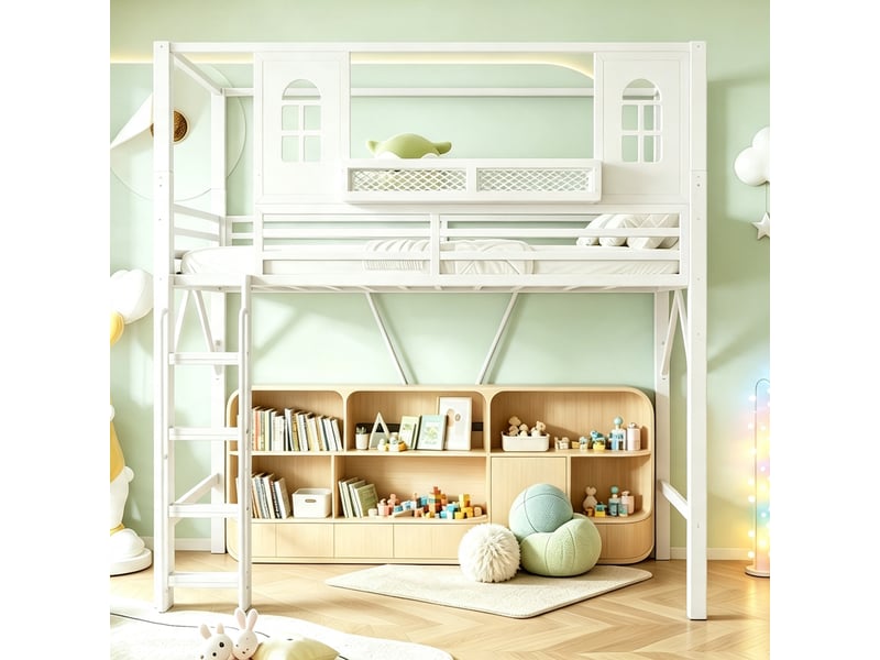  Lit mezzanine enfant 90 x 200 cm en métal, toit cabane avec fenêtres, échelle sécurisée, rangement, blanc evarich - Conforama E