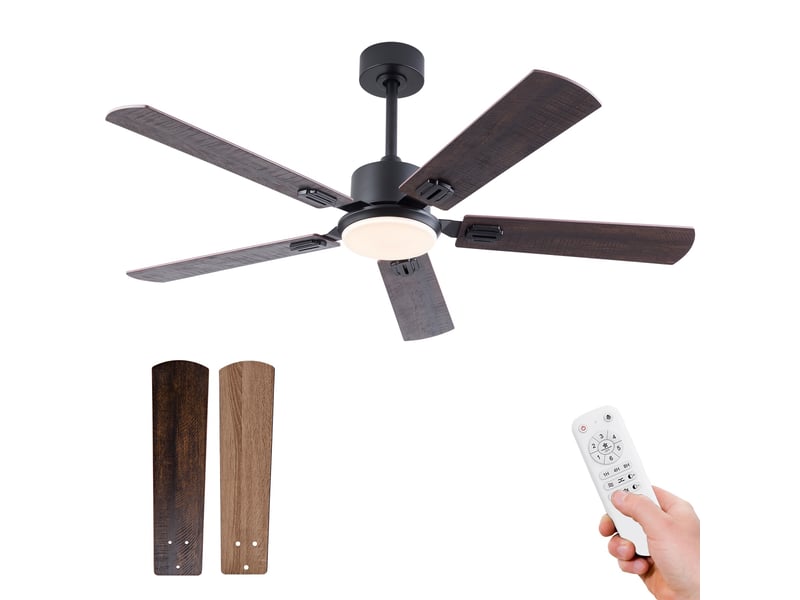  Ventilateur de plafond avec lampe, ventilateur silencieux avec télécommande pour salon chambre, en métal et bois 132 cm 5 pales, noir et noyer foncé  - Conforama B