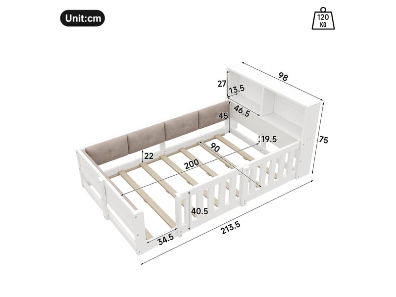  Lit simple enfant 90x200 cm avec barrières, rangements et led, coloris blanc  - Conforama C