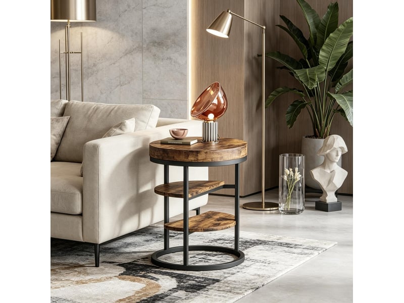  Bout de canapé tcqpz rond 3 niveaux 50 x 65 cm rangement ouvert métal et bois brun rustique  - Conforama B