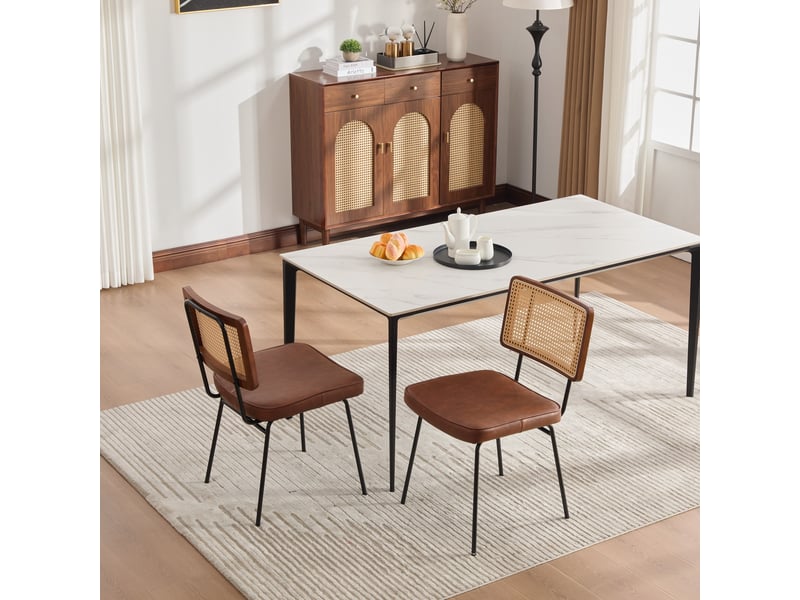  Lot de 2 chaises de salle à manger en cuir pu style vintage, chaises sans accoudoirs avec dossier aspect rotin, marron  - Conforama W