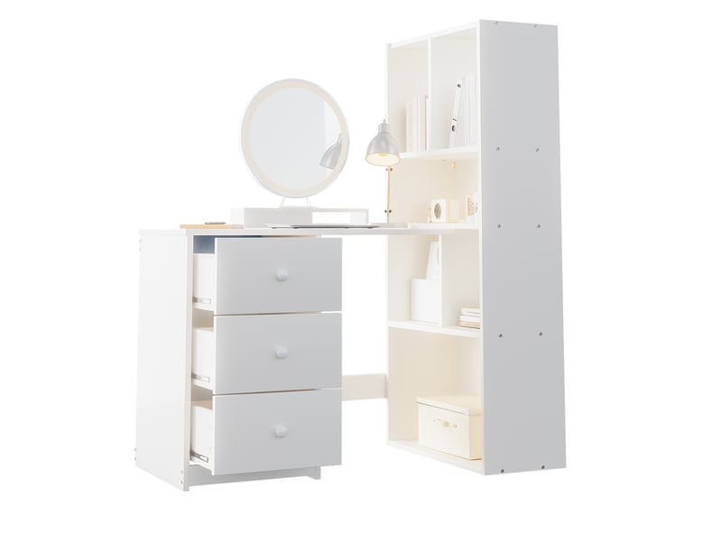  Bureau d'angle multifonction 117 × 63 × 135 cm blanc avec 4 compartiments, 3 tiroirs et bibliothèque intégrée  - Conforama A