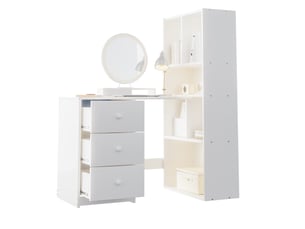 Bureau d'angle multifonction 117 × 63 × 135 cm blanc avec 4 compartiments, 3 tiroirs et bibliothèque intégrée
