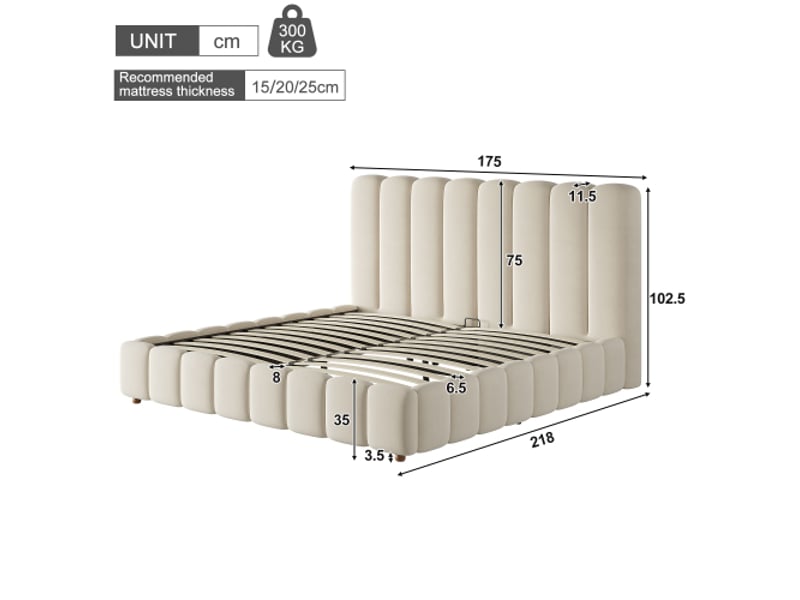  Lit double capitonné 160x200 cm - vérin hydraulique, tête de lit rembourrée, velours beige, sommier à lattes  - Conforama C
